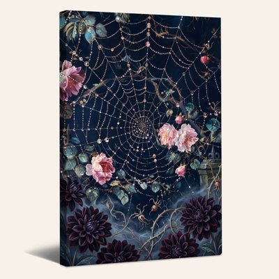 " Pink Roses And Dark Dahlias With Beaded Web Halloween " Painting Print