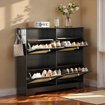Mid-Century Narrow Design Tipping Bucket Shoe Cabinet With 4 Flip Drawers, Elegant Entryway Shoe Organizer With 4 Rattan Doors, Freestanding Shoe Rack With 2 Silvery Hooks For Hallway