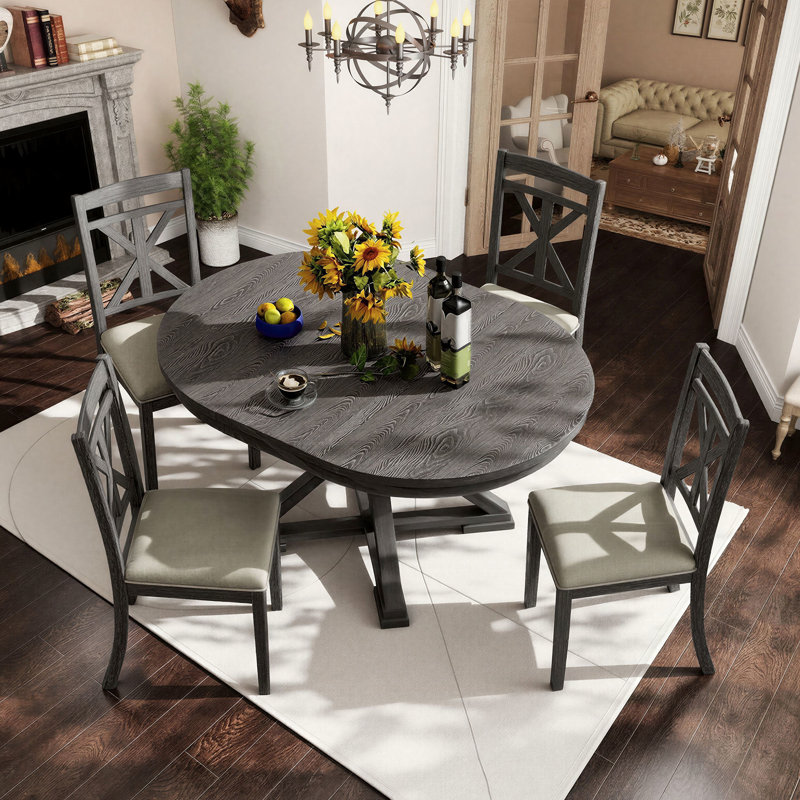 Ensemble de salle à manger extensible 5 pièces avec table à piédestal et chaises rembourrées, Gris