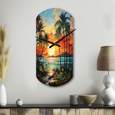 Orange Palm Trees Mosaic III - Orange Cylinder Metal Wall Clock, Traditional Asymmetrical Clock Print