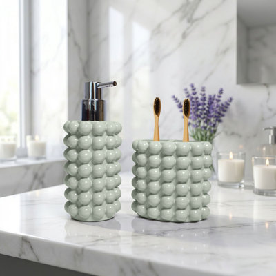 Riehemann Bubble Textured 2PC Bathroom Accessories Set, Resin Soap Dispenser & Toothbrush Holder for Bathroom Vanity, Guest Bathroom, Apartment & Dorm Use, Dark Sage