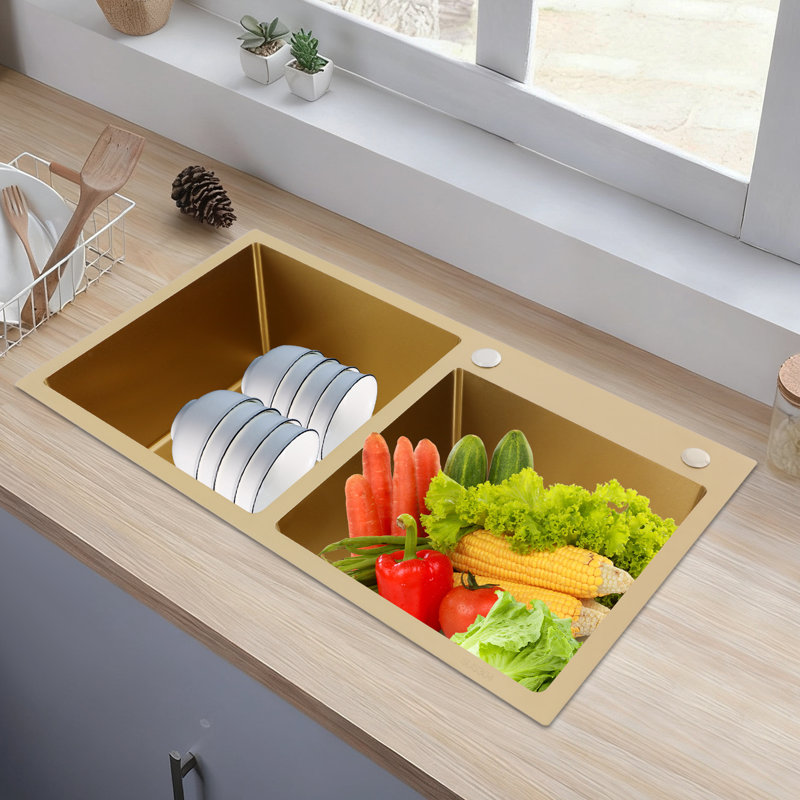 Modern Minimalist Rectangular Stainless Steel Dual Bowl Countertop Drop In Kitchen Sink, Gold