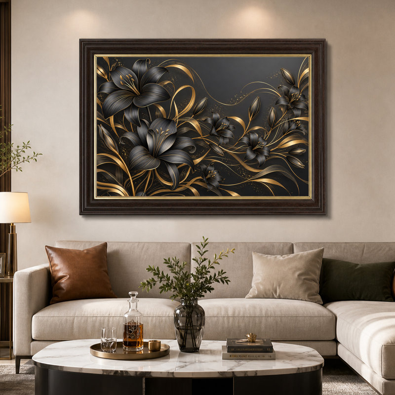 Art mural sur toile noir et doré avec des accents dorés tourbillonnants, H 16 po x l 24 po