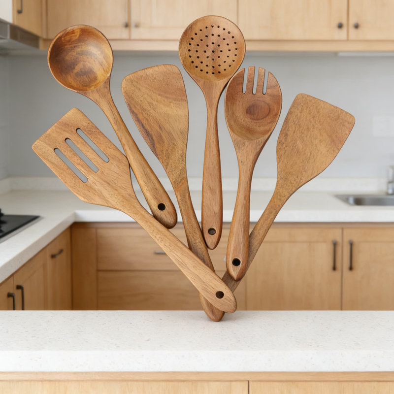Ensemble de cuillères en bois d'acacia, ustensiles en bois 5 pièces pour la cuisine - Outils de cuisine durables et légers pour casseroles, casseroles et ustensiles de cuisine antiadhésifs