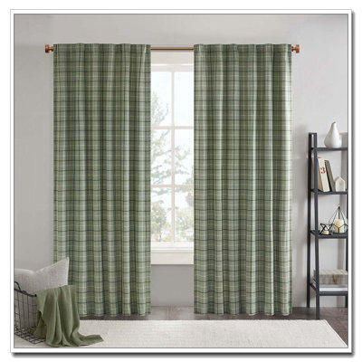 Plaid Rod Pocket and Back Tab Curtain Panel with Fleece Lining Green 50x95"