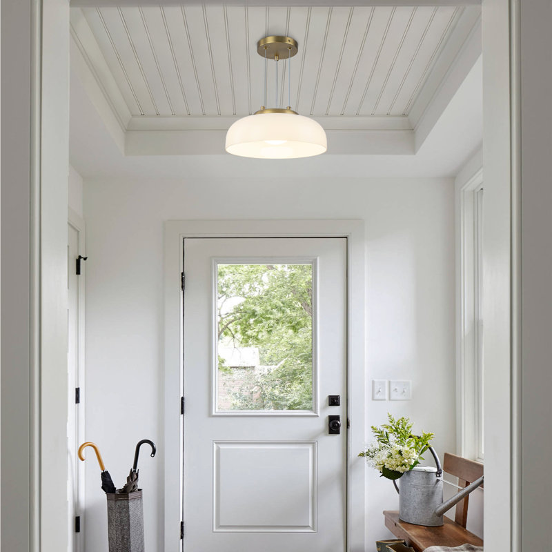 Luminaire suspendu moderne en or brossé 10,63 pouces avec abat-jour en verre blanc en forme de bol - Lustre de salle à manger à hauteur réglable à intensité variable