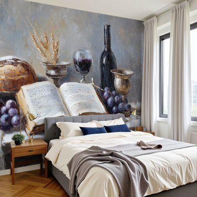 Peel and Stick Wallpaper Rustic Wine Still Life Vintage Christian Country Bread Grapes Wine Wall Murals 100"H x 144"W Removable PVC Wall Paper Self-Adhesive Wall Decor for Bedroom Living Room Home Office