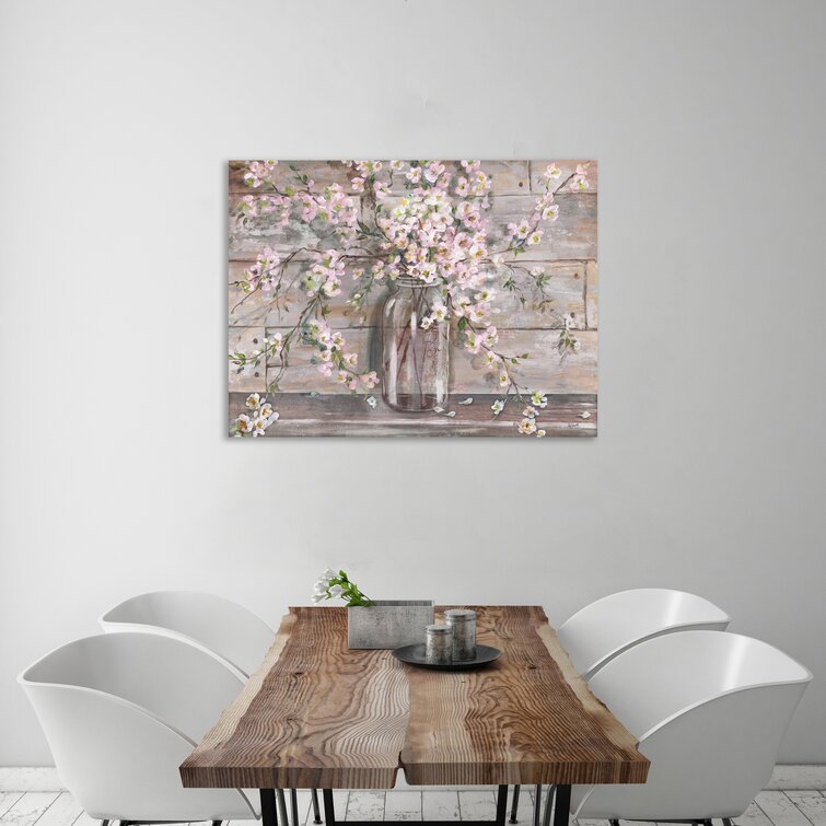 Blossoms In A Mason Jar: Pink & Grey - Wrapped Canvas Art Prints