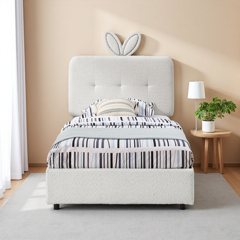 Kids Upholstered Bed With Oversized Rabbit Ear Headboard, LED Light & 4 Storage Drawers, Boucle Fabric, Beige, Twin