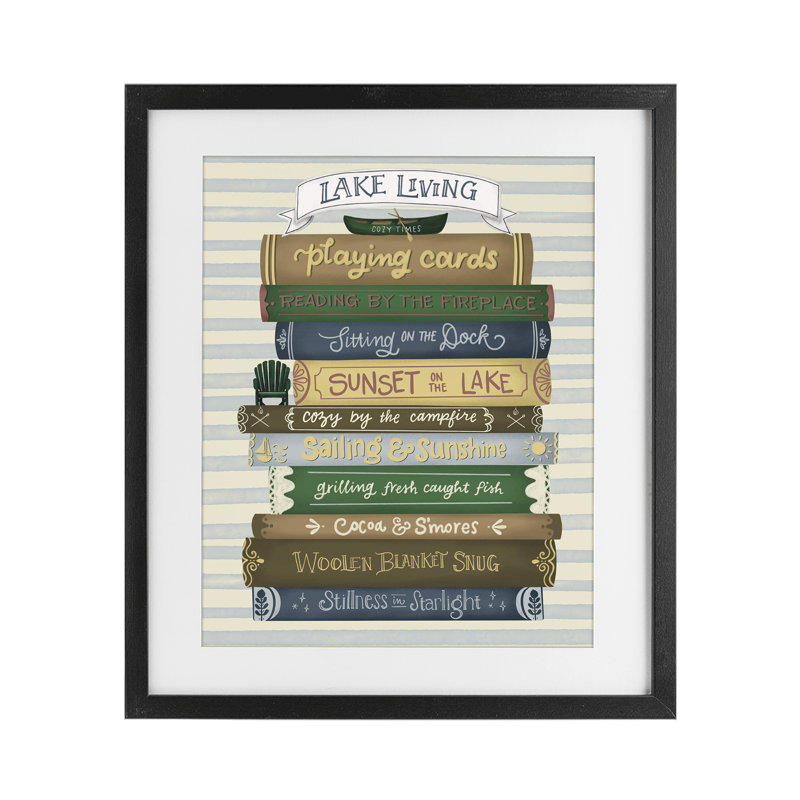 Lake Living, pile de livres, impression encadrée sous verre, H 21 po x l 17 po, Cadre noir minuit sous verre