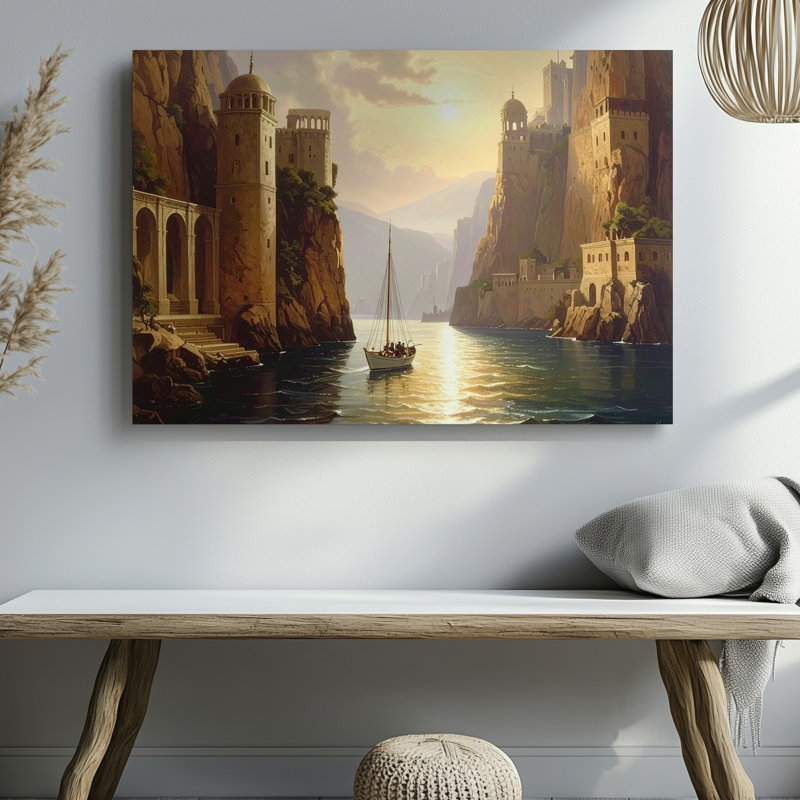 Art mural, voilier et cliffside château, H 30 po x l 30 po