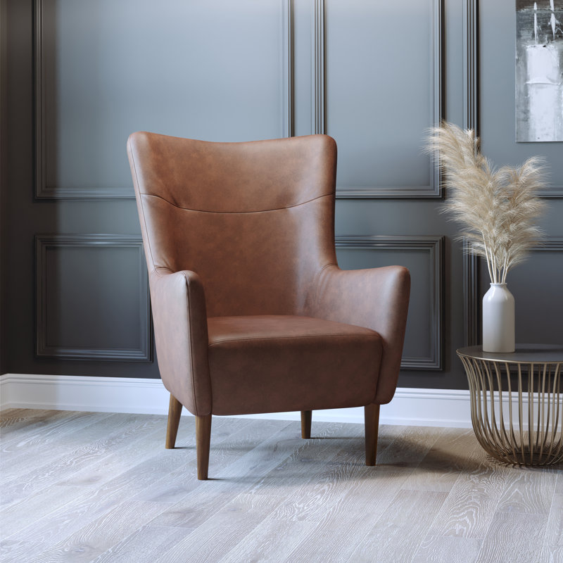 Dark Brown Faux Leather Wingback Accent Chair with Wooden Legs