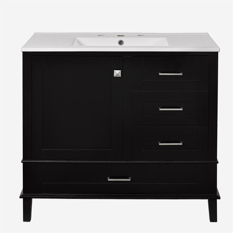 Armoire de rangement moderne 36 po avec cadre en pin massif, 1 porte à fermeture douce et 3 tiroirs, Noir
