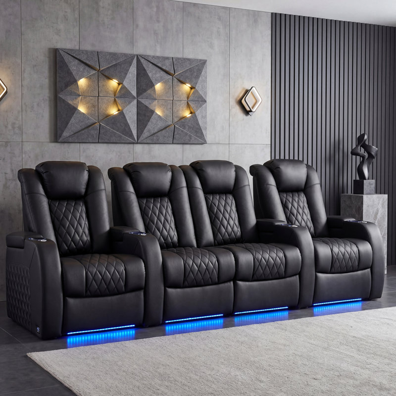 Upholstered Home Theater Seating with Cup Holder, Black