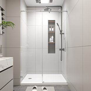 46-48" W x 76" H Frameless Single Sliding Soft-Close Shower Doors, 5/16" Thick SGCC Tempered Glass, Stainless Steel Hardware