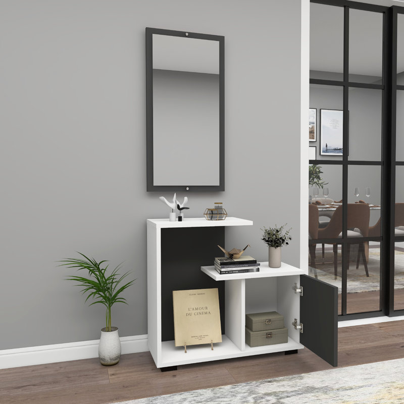 Lily-Lee 72cm Console Table and Wall Mirror Set with Cabinet and Open Shelf, White/Anthracite