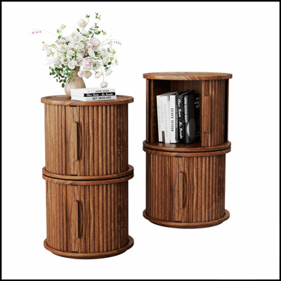 Ensemble de 4 tables basses rondes gigognes modernes avec rangement à porte coulissante, finition noyer, pour salon et chambre, design inspiré des colonnes romaines cannelées.
