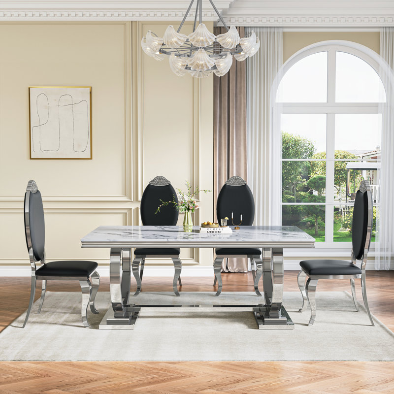 70" Dining Table Set, Faux Marble Dining Table Set With High Backrest Dining Chairs, Modern Kitchen & Dining Room Sets