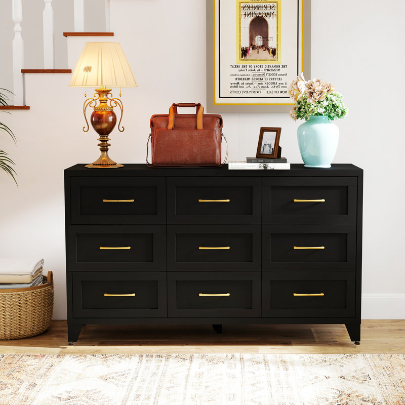 Commode moderne à 9 tiroirs en métal noir, armoire de rangement en acier de 132 cm de large — Noir, Black