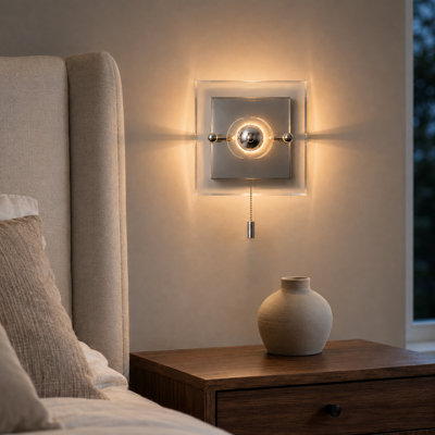 Applique murale carrée 1 lumière en verre Glam 7,1 po moderne avec chaîne à tirer, chrome