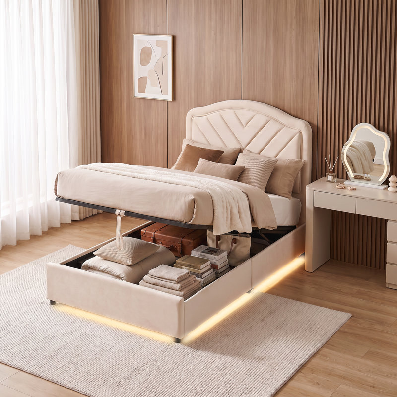 Bed Frame with Velvet Headboard, Smart Adjustable LED Light, Metal Ottoman Bed Frame With Wooden Slat Support, Gas Lift Under Bed Storage