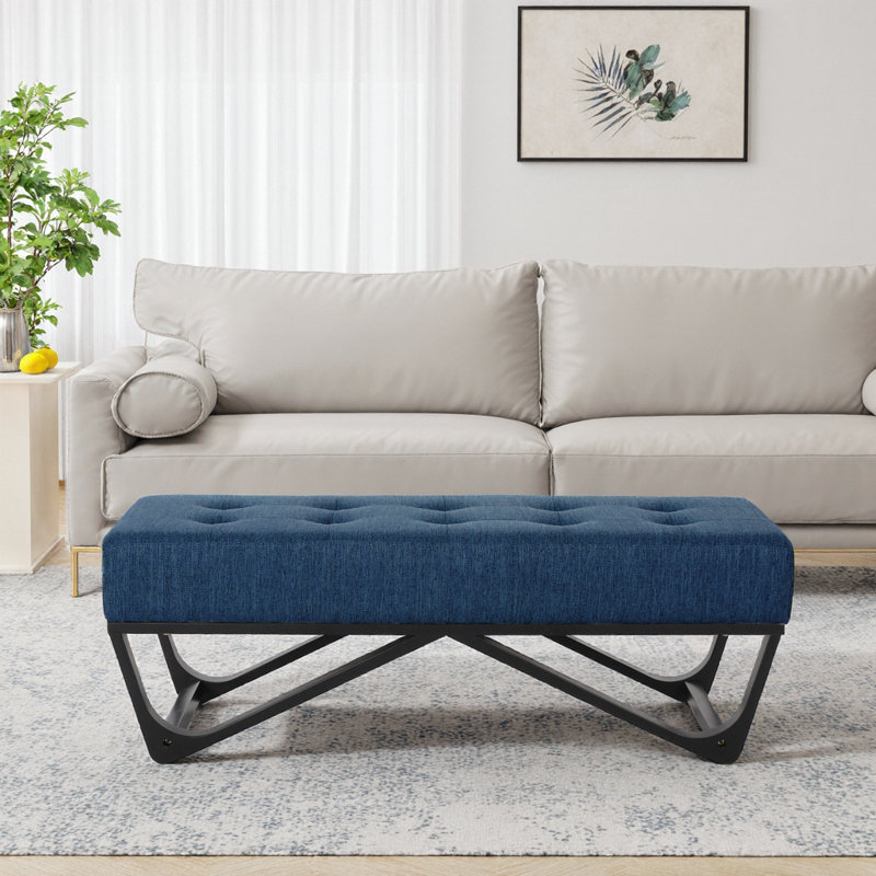 Navy Blue Upholstered Ottoman Bench - Modern Tufted Footrest with Geometric Legs, Navy Blue