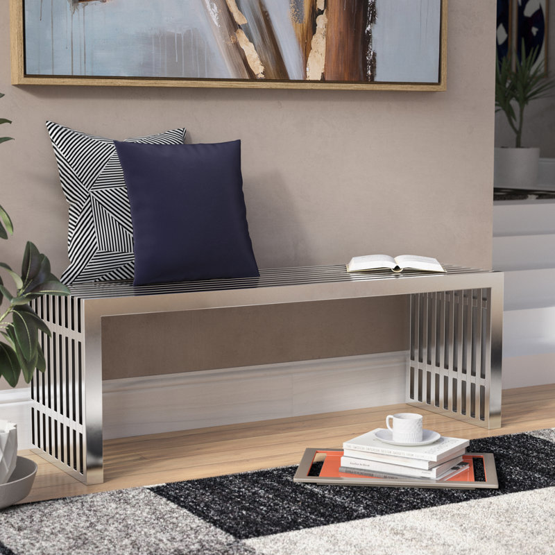  Metal Bench, 17" H x 46.5" W x 15"D, Polished Sliver