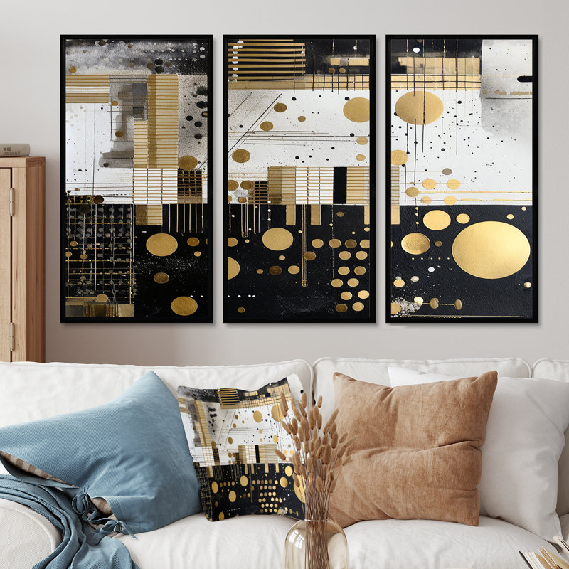 Ensemble d'art mural Essential Moon in Gold - Collages abstraits, Cadre flottant noir, H 40 po x l 60 po x P 1 po