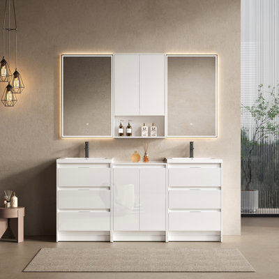 Glossy White Plywood 72" Freestanding Bathroom Vanity With Resin Sink, Storage And Wall Cabinets, Soft Closing Mechanism For A Practical Arrangement Feature Spacious Layout
