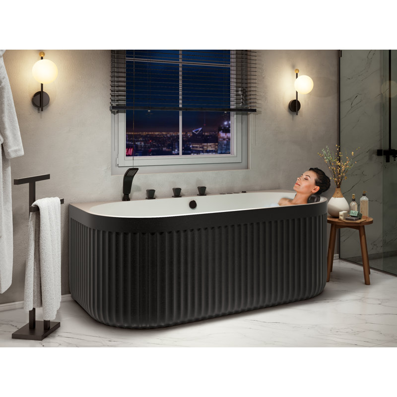 67'' Black and White Stone Resin Freestanding Oval Bathtub