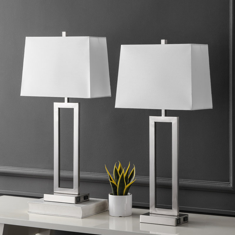 Ensemble de 2 lampes de table en métal de grande taille avec ports USB de type C et prise intégrée pour salon, Chrome