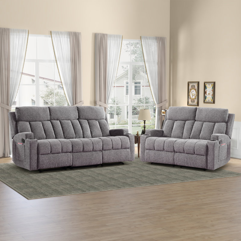 Skillern 2-Piece Friendly Fabric Upholstered Reclining Living Room Set With Cupholders & Pocket Storage, Light Gray