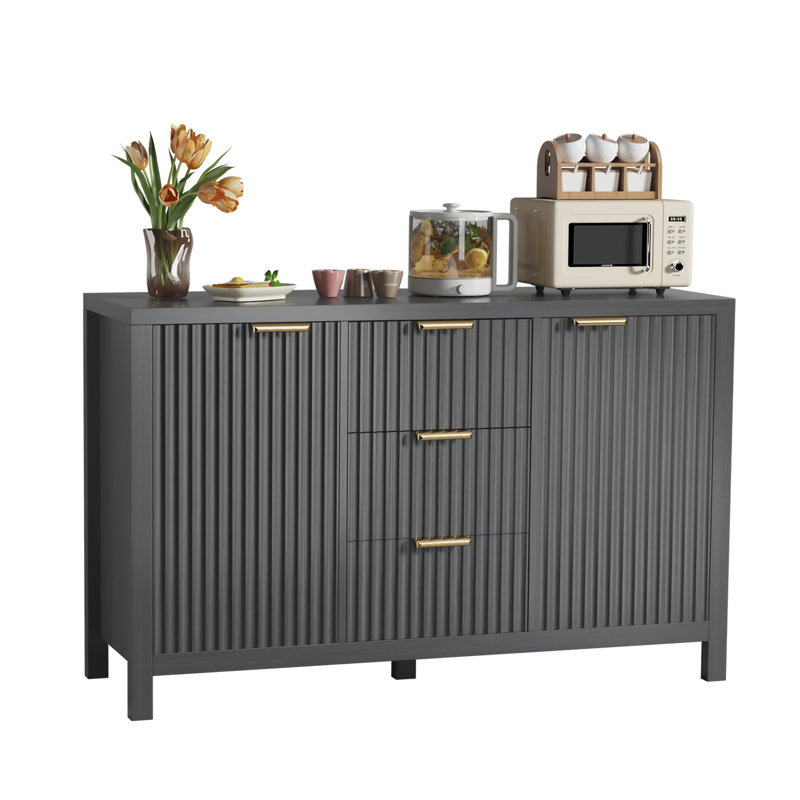 Sideboard Storage Cabinet, Fluted Credenza Buffet Cabinet With Two Doors And Three Drawers For Kitchen And Living Room, Black