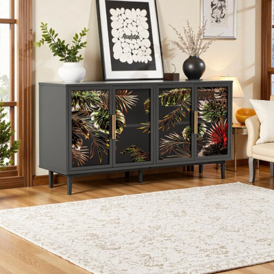 60.3" 4-Door Buffet Cabinet With Glass Doors - Tropical Art Design Multi-Use Storage For Living Room Dining Room Bedroom