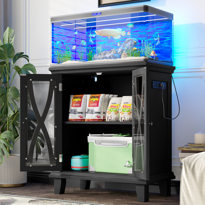 Support d'aquarium avec prises de courant et tablettes réglables, Noir