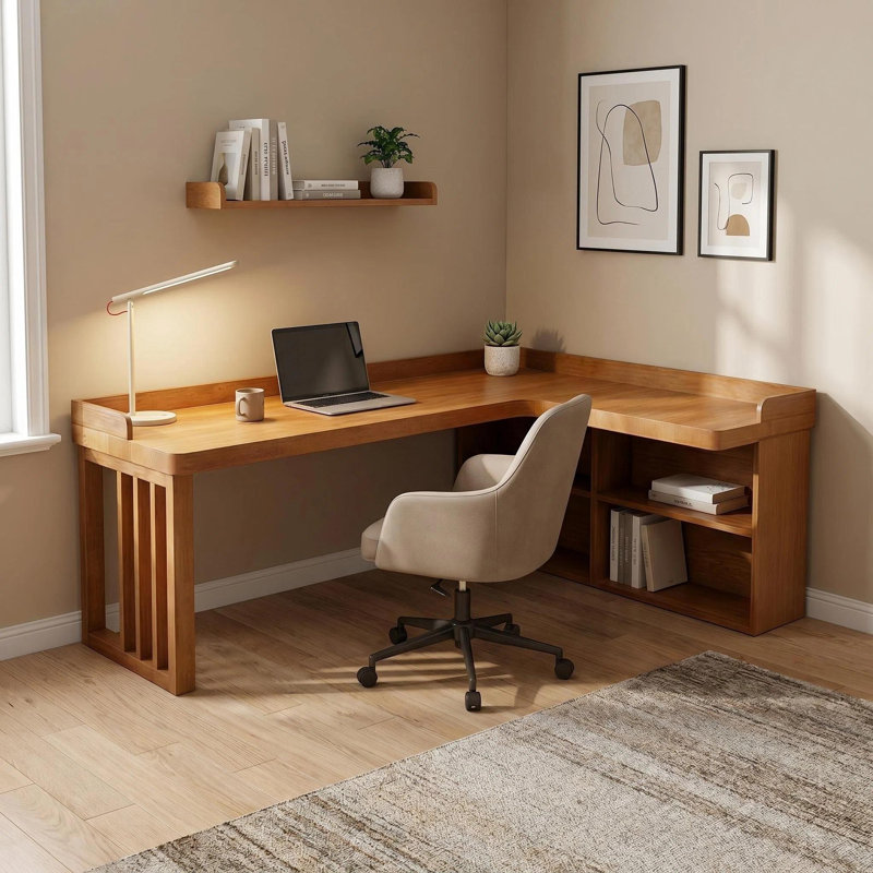 Bureau en coin en L en bois massif avec tablettes de rangement, table d'écriture Modern Farmhouse Home Office