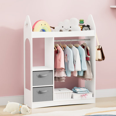Armoire à vêtements élégante pour enfants avec miroir pour enfant, armoire ouverte pour enfants avec tablette de rangement à 3 niveaux, 2 tiroirs de rangement pour les costumes, chapeaux, chaussures et autres choses