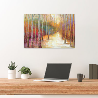 Chemin de forêt coloré abstrait, art de paysage de forêt contemporain coloré