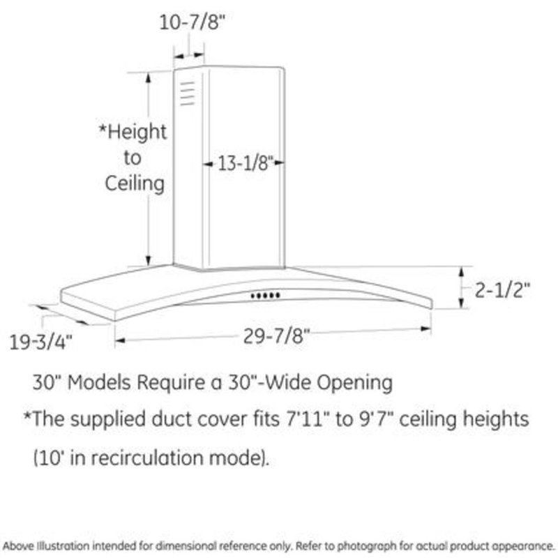 30" Wall-Mount Chimney Hood, 2.5" H x 29.88" W x 19.75" D