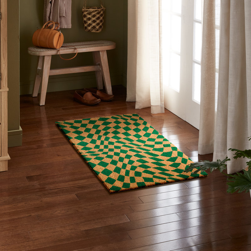 TOWN & COUNTRY LIVING Emmett Groovy Checkerboard Non-Slip Indoor Outdoor Door Mat, Green, 0.59" H x 18" W x 30" L