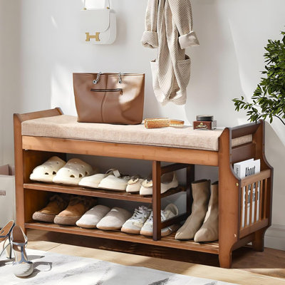 Banc à chaussures avec tiroir caché et support latéral, banc d'entrée à 2 niveaux avec rangement 39,4 po, étagère à chaussures en bambou avec coussin pour le couloir d'entrée, salon, chambre à coucher