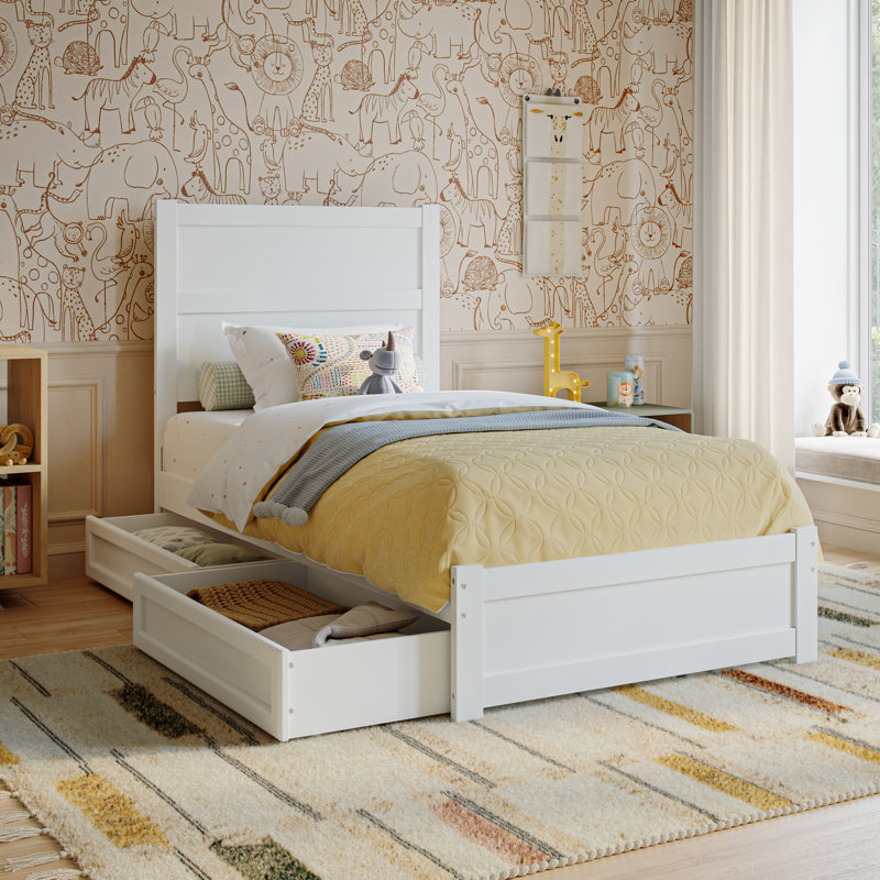 Lit plateforme avec tiroirs de rangement en bois Aveline, Lit simple, Blanc