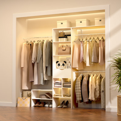40"-99" Wooden Closet System with Drawers, Walk in Closet Organizer System with 3 Hanging Rods, Adjustable Built in Closets Systems