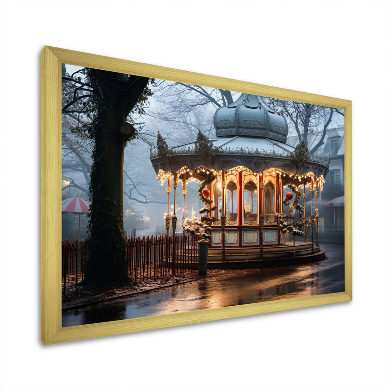 Carousel Winter Scenery - Carousel, reproduction d'art sur toile, H 16 po x l 32 po x P 1 po, Cadre photo doré simple
