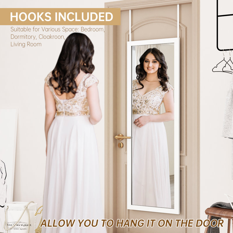 44" x 16" Framed Full Length Mirror, Wall-Mounted or Over the Door Mirror With 2 Adjustable Height , White