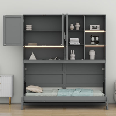 Lit escamotable avec armoire supérieure, tablettes, lit pliable peu encombrant avec éclairage et port USB