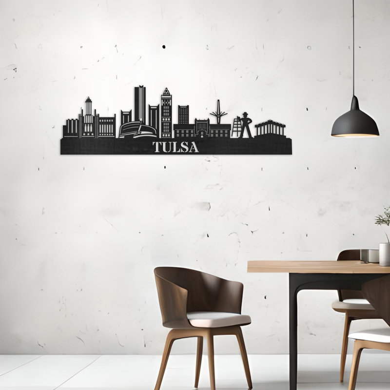 Décoration murale suspendue Tulsa City Skyline, H 14 po x l 46 po x P 0,25 po, Naturel