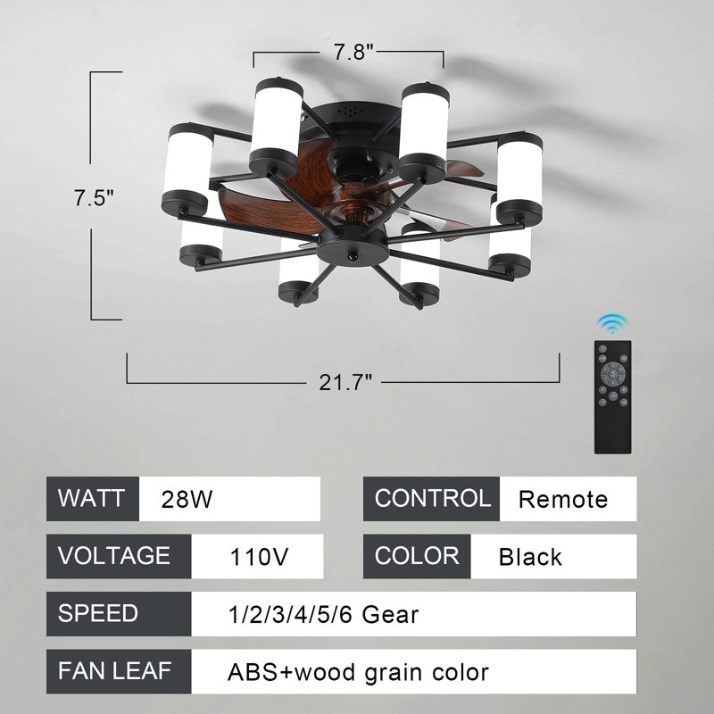 21.7 Inch Ceiling Fan Light - Windmill-Shaped Flush Mount Ceiling Fan With Light With Remote Control And Timer, Black White