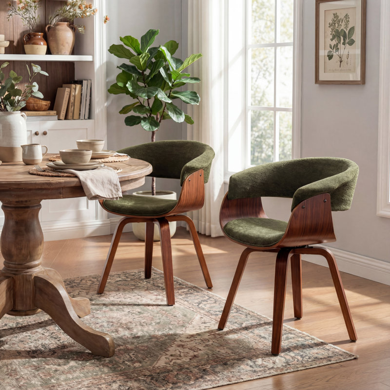 Modern Upholstered Dining Chairs, Green Fabric With Wooden Legs, Soft Padded Seat And Back, Scandinavian Kitchen And Dining Room Side Chairs​​