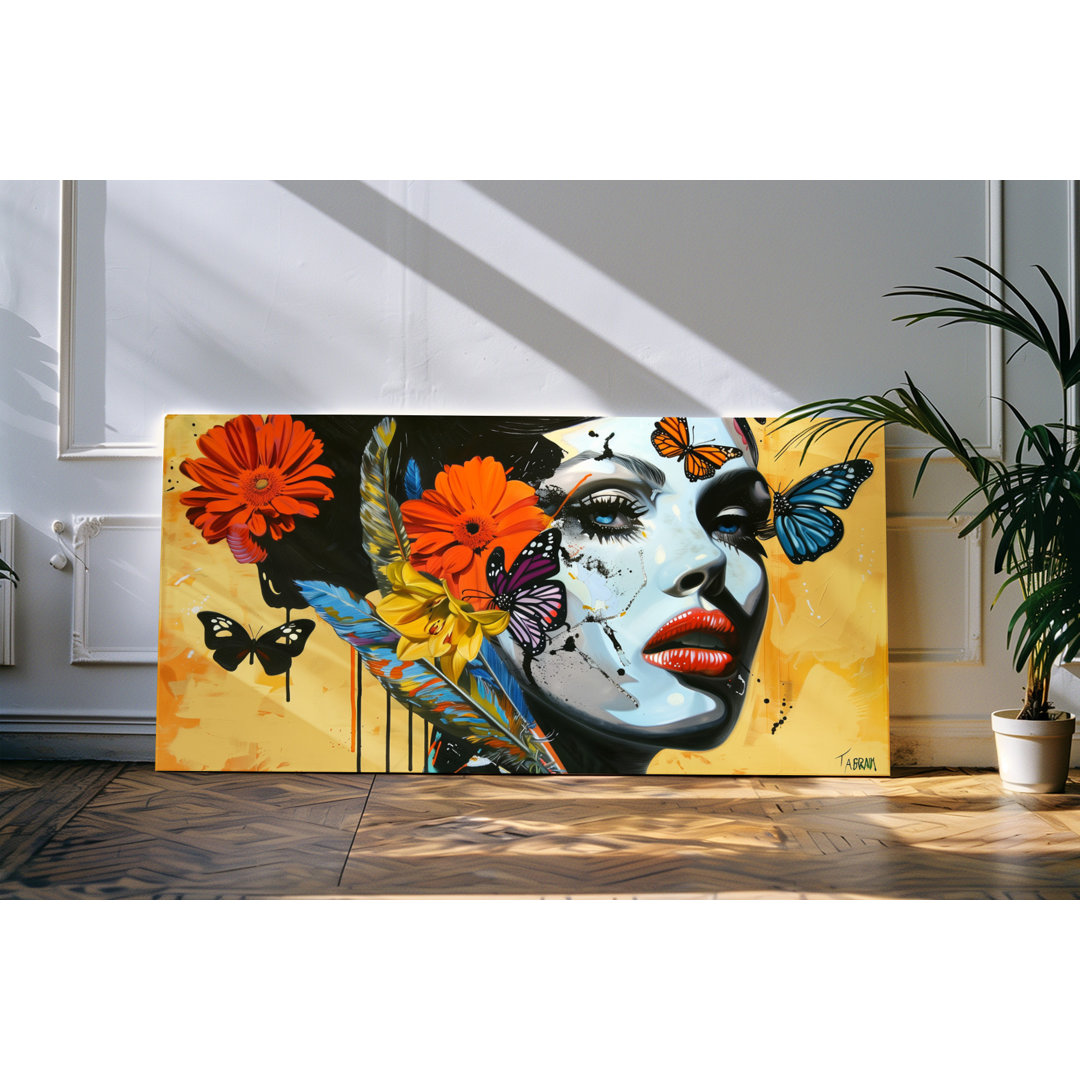 Wandbild 120x60cm Porträt einer jungen Frau Model blaue Augen Blumen Schmetterlinge